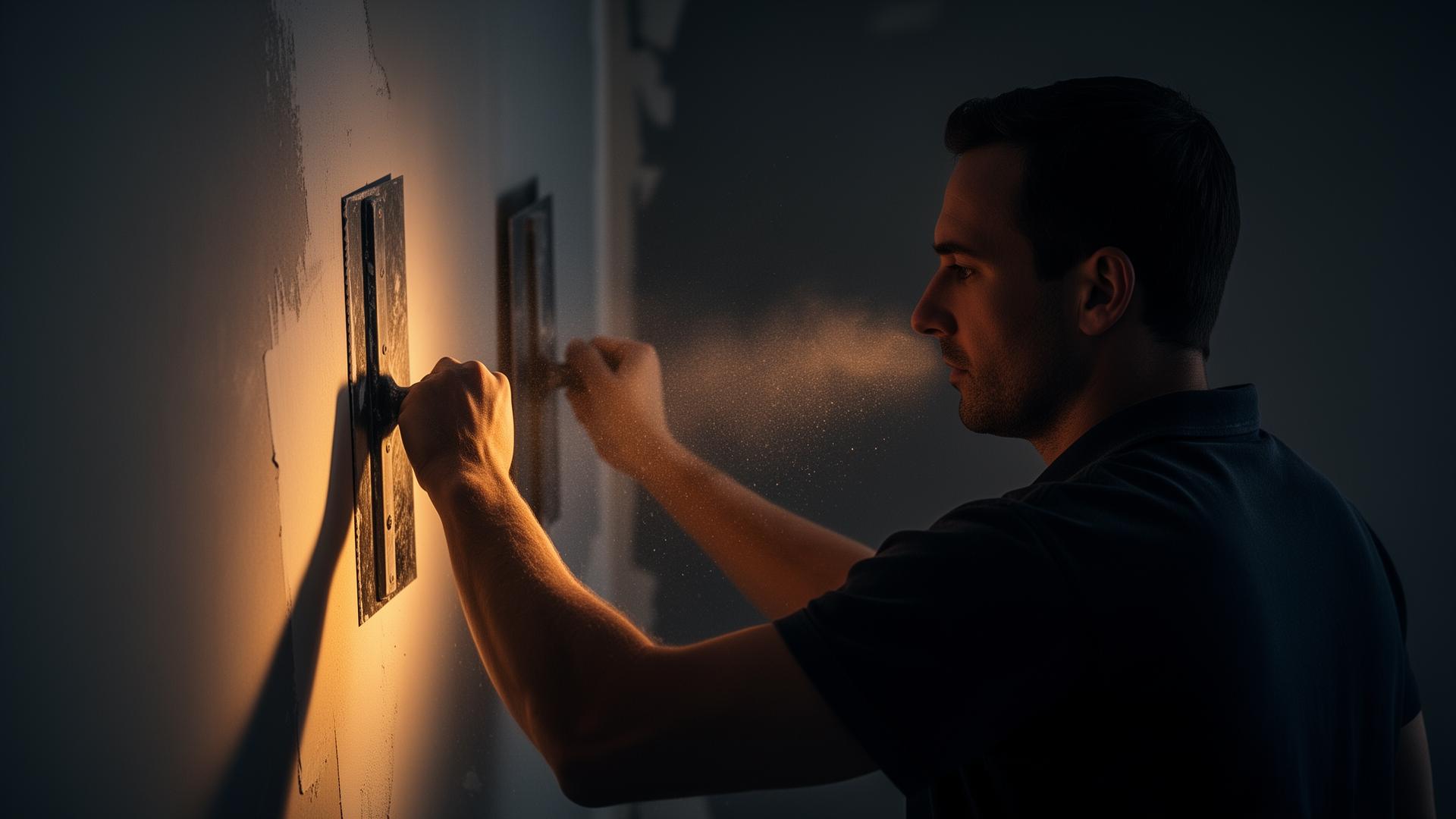 Drywall craftsman skim coating a wall